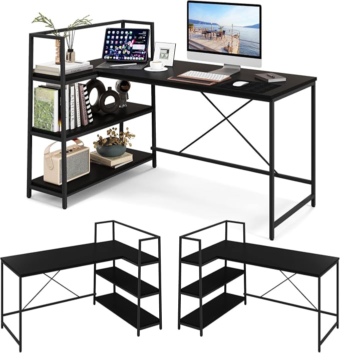 Tangkula Reversible L-Shaped Computer Desk, Space Saving Corner Desk with 3-Tier Storage Shelves & Metal Frame, Modern Executive Home Office Desk, PC Laptop Desk Workstation for Small Space (Black)