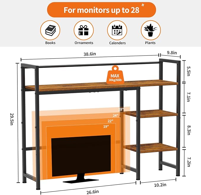 Snughome Desk Shelf, 38.6" Desktop Organizer Shelf, Desk Hutch for Computer Monitor, 4 Tier Desk Display Rack, Wood Desktop Bookshelf Storage Rack for Home Office Dorm, Rustic Brown | Desktop Organizer Shelf