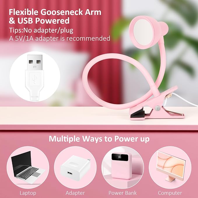 LiFMIRA Pink Small Desk Lamp Clip on Reading Light for Bed 3 Colors 10 Brightness Dimmable Flexible Gooseneck Clip on Light for Bed Headboard College Dorm Room