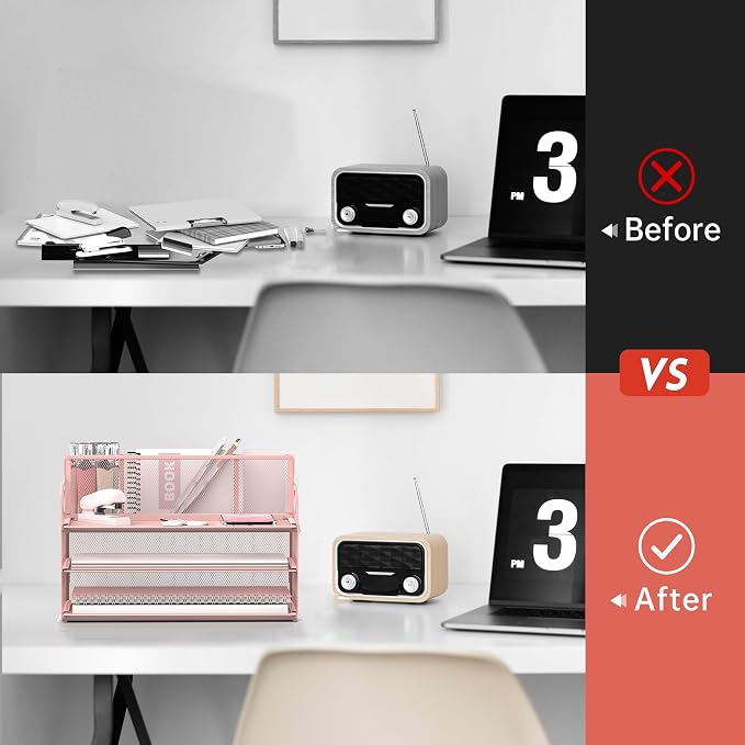3 Tier Paper Letter Tray Organizer with Pen Holder for Desk, Black Metal Mesh Desk File Folder Sorter Organizer with Handle and Sliding Tray for Home, Office, School Supplies Organization(Pink)