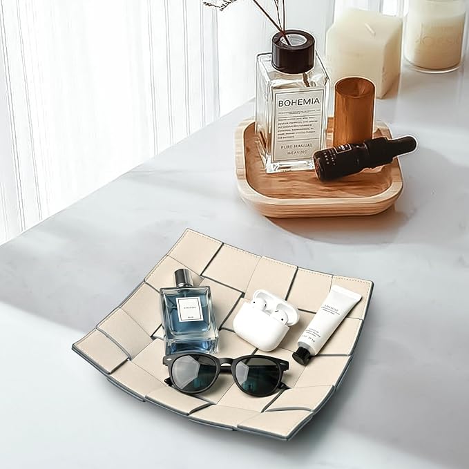 MSJGA Valet Tray PU Leather Key Holder Bowl for Women and Men Entryway Table Nightstand Desk Tray for Wallet, Keys Men's Gift - Beige & Gray, 9.8" L x 9.8" W x 2" H