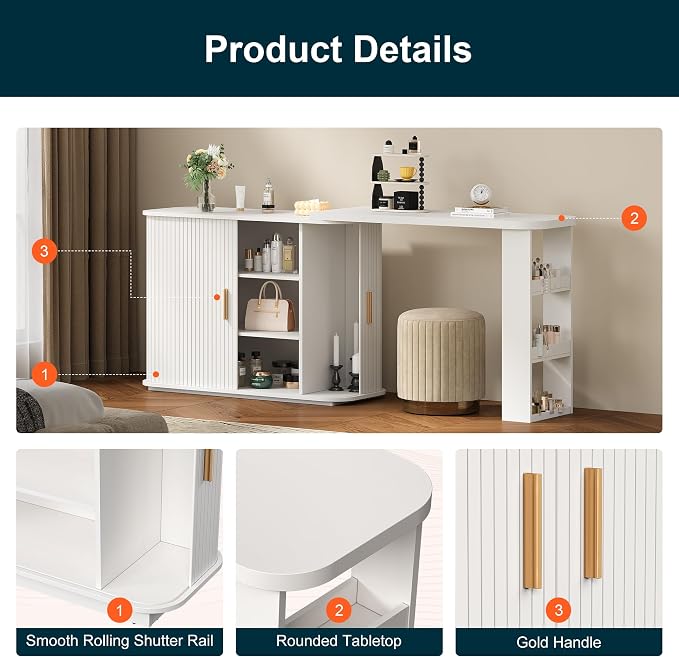 RoyalCraft 68” Extendable Makeup Vanity Desk, Modern L-Shaped Corner Vanity Desk with Silding Door, White Fluted Makeup Table with Curved Desktop and Adjustable Shelf, Wood Dressing Table for Bedroom
