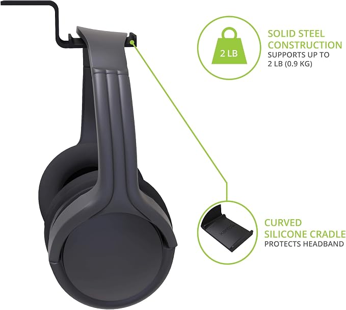 Kanto HH Universal Under Desk Headphone Hook - Black - Solid Steel Construction - Mount Using 3M Adhesive or 2 Included Screws