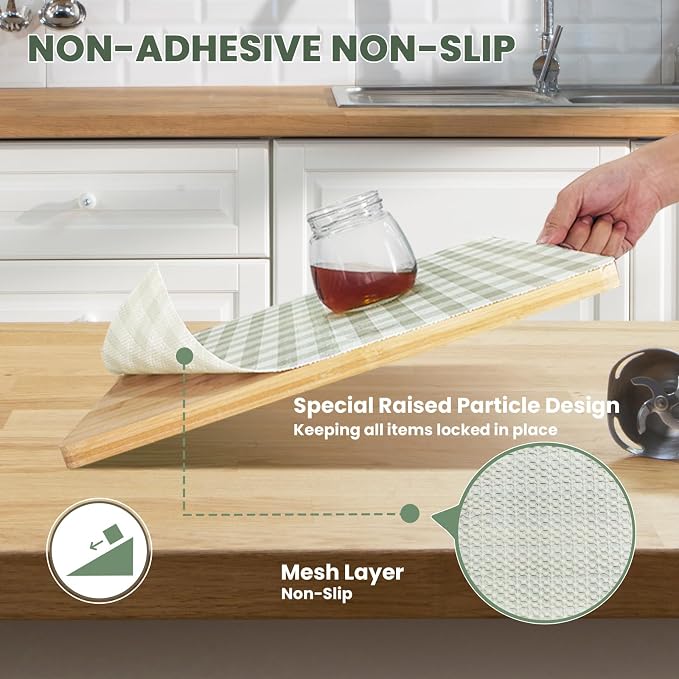 Drawer Liner and Shelf Liner for Kitchen Cabinet Liner Non-Adhesive Non-Slip Shelf Paper, Thick Strong Grip Waterproof Easy to Clean for Shelves, Cupboard, Desks, Green Plaid Pattern, 12 in x 40 FT