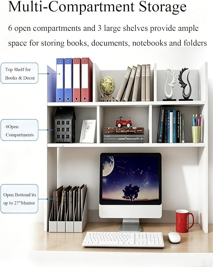 White Desk Hutch for Dorm Room, Over-Desk Organizer Shelf with 6 Cubbies, Desktop Bookshelf Storage Display Rack, Desk Topper Shelf for College Dorm, Home Office