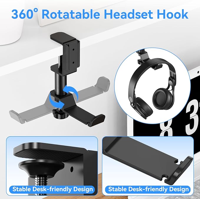 Desk Cup Holder Clamp with Headphone Hanger and Storage Tray | Clamp on design, rotating headphone hanger, detachable storage tray, cable holes, fits 5-50mm desks