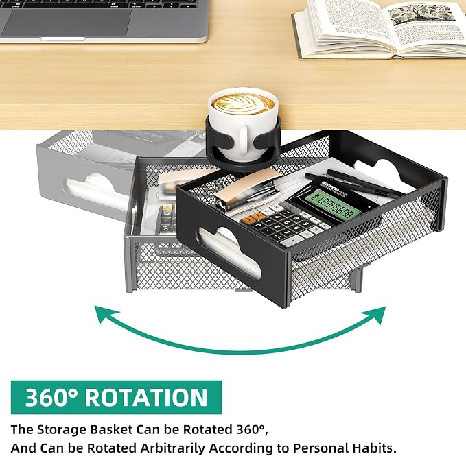 CABTE Desk Cup Holder with Drawer Organizer, Anti-Spill Clip-On Table Cup Hook with 360° Rotation Hidden Storage Box for Office Home Gaming Table (Black)