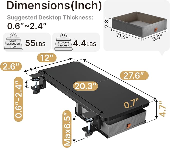 PEGZONE Desk Extender Tray, 28" x 12" Clamp On Desk Shelf, Desk Extension with Storage Drawer, Table Desk Arm Rest, Clamp On Keyboard Tray for Office and Home, Workstation Organizer, Large, Black