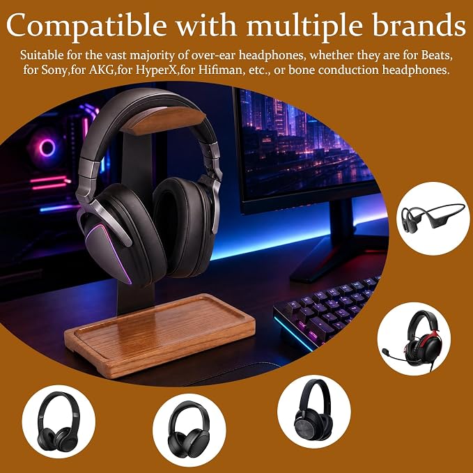 Walnut Headphone Stand, Wooden Headset Stand for Desk, Wood Gaming Headphone Holder with Storage Base Present for Men Brown or Black(Brown)
