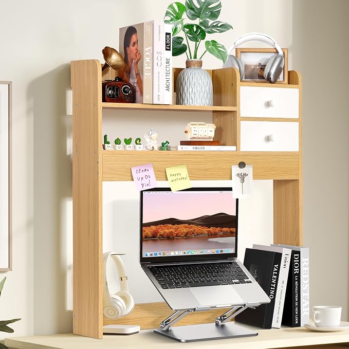 YGYQZ Wood Desk Shelf Organizer, Desk Hutch Top Only, Countertop Storage Hutch with 4 Shelves for Computer Desk，2-Tier with Cabinet Door Rack for Office, Home, Dorm，Natural