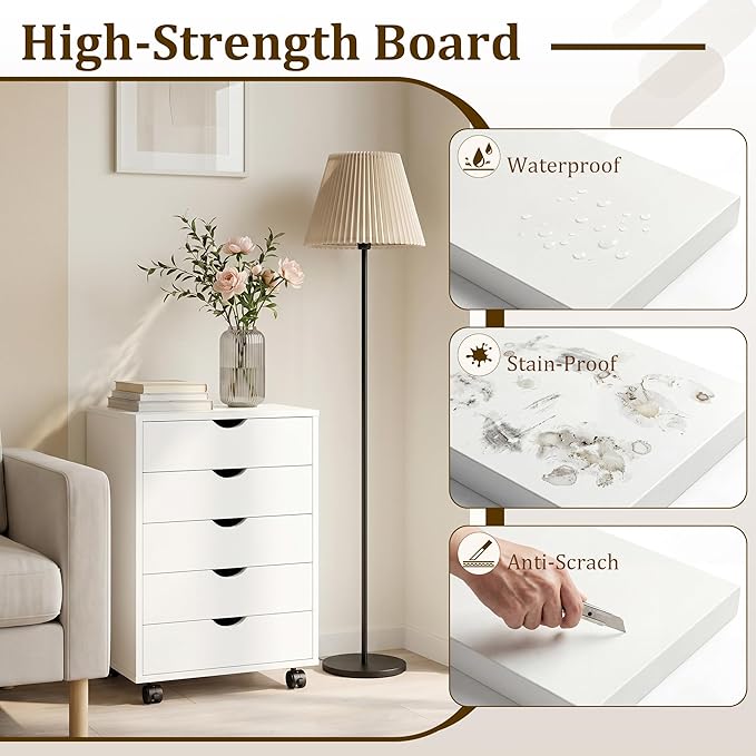 5 Drawer File Cabinet, Under Desk Storage Drawers with Wheels, Mobile Filing Chest for Small Desk Printer Stand for Home Office, White