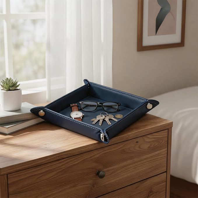 Valet Tray Desktop Storage Organizer – Vegan Leather Catchall Tray Bedside Vanity Tray Nightstand Caddy Holder for Remote Controller, Watch, Keys, Phone, Wallet, Coin, Jewelry, Navy