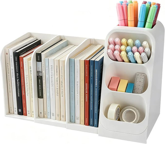 Multifunctional & Retractable Office Desk Organizer and Bookshelf, Small Space Desk Organizer with Magazine File Holder and Pen Holder,Desk Accessories & Workspace Organizers Office Supplies
