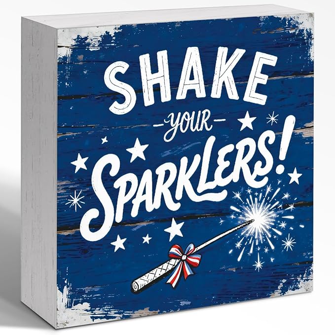 Patriotic Wooden Box Sign,Shake Your Sparklers 4th Of July Signs Home Decor,Independence Memorial Day Block Sign for Desk Shelf Tabletop Decor
