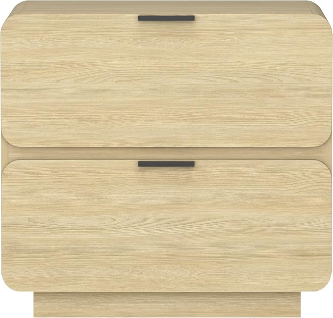 Manhattan Comfort Chrystie Fluted Nightstand 26" Bedside Table with 2 Full Extension Drawers, Rounded Corners, Wood Grain Finish, and Metal Handle Side Table for Bedroom or Living Room in Natural Oak
