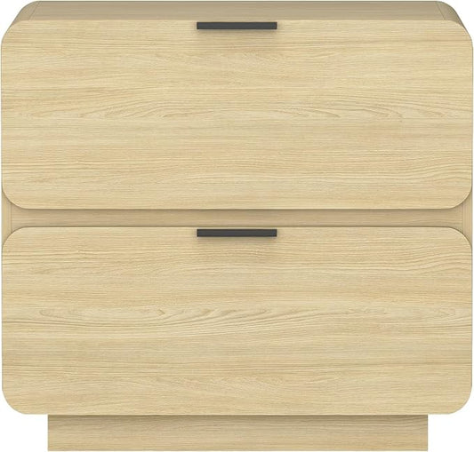 Manhattan Comfort Chrystie Fluted Nightstand 26" Bedside Table with 2 Full Extension Drawers, Rounded Corners, Wood Grain Finish, and Metal Handle Side Table for Bedroom or Living Room in Natural Oak