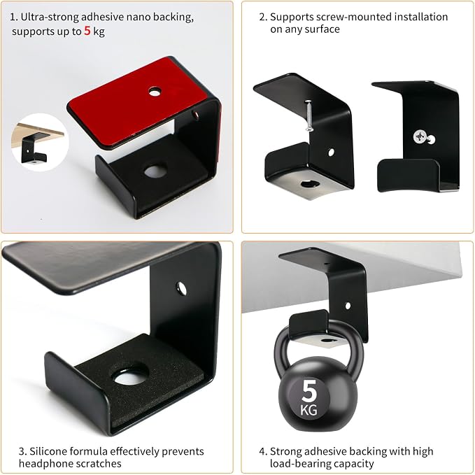 Pair Headphone Stand, Adhesive Headphones Holder with Rubber Pad, Sticky Headset Hook for Desk, Headsets Hanger with Screws Mounted on the Bottom & Edge of the Table for Gaming Desk Accessories