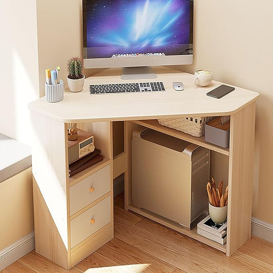 Corner Desk for Small Space, Triangle Computer Desk Corner Writing Desk with Storage Shelves & CPU Stand, Makeup Vanity Table for Home Office, Workstation(80x80x75cm(31x31x29inch), Oak)