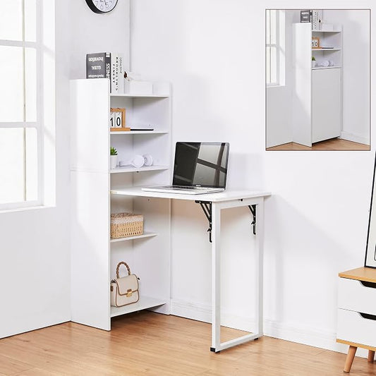 Foldable Desk with Storage,Hidden Desk with Built-in Socket,Fold Out Writing Table for Small Spaces,Home Office and Bedroom (White)