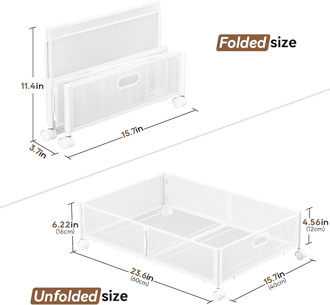 PHINOX Under Bed Storage with wheels, Under the Bed Storage Containers,Upgrade Crossed Iron Wire, Metal Rolling Underbed Storage Containers for Bedroom Clothes Shoes Blankets-2 Pack,White