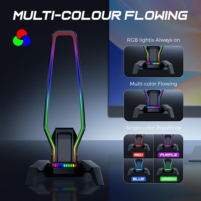 MARVO RGB Headphone Stand Data Transmission, 9 Lights Mode Headset Holder with 1 USB-C & 3 USB Ports & 1 3.5mm Jack Port, Ultimate Gaming Accessories for Gamers for PS, Xbox, PC