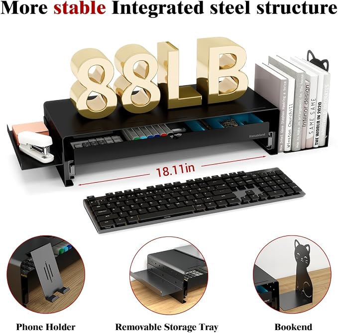 Heavy Duty Metal Monitor Stand, Strong Support Desk Organizer with Storage Shelf, Ergonomic Riser for Computer, Laptop & Printer, Space-Saving Desktop Organizer for Office Home