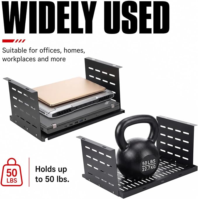 Under Desk Computer Mount for Small Form Factor Sff Computers and Pcs, Using Space 16.7" x H 8" x D 12" Mount Shelf Organizer for Office Home Workstation Gaming Stand up Desk
