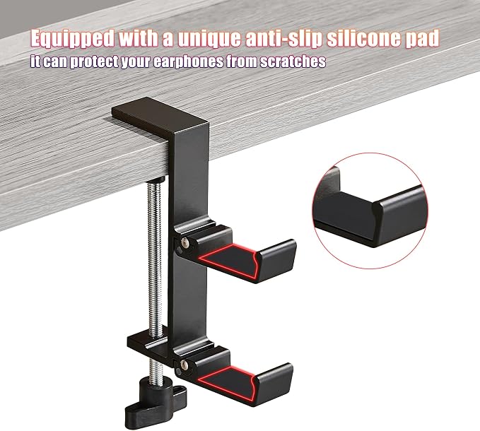 Heavyrain Desk Edge Headphone Holder and Bag Hook, Clamp-On Design, No Drill Installation (Carbon Black)