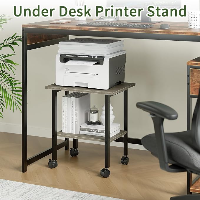 2 Tier Printer Stand with Storage, Under Desk Printer Table, Space-Saving Printer Table with Locking Wheels, Rolling Printer Cart for Home Office, Grey
