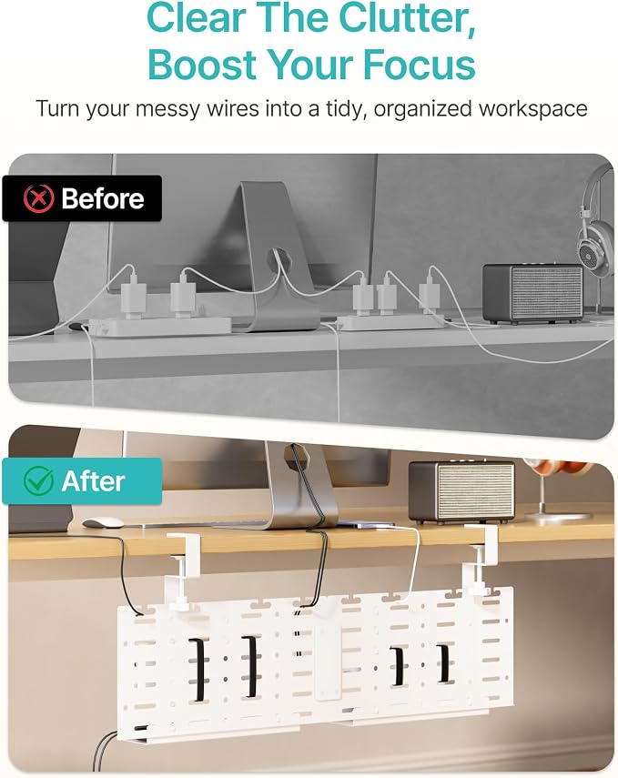 PEGZONE Under Desk Cable Management Tray, 30.2" Vertical Pegboard Organizer for Power Strip & Cords, with Hooks, Trays & Straps, No-Drill C-Clamp for Home Office, White