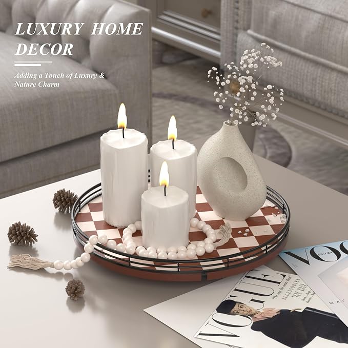 Brown Checkered Lazy Susan Decorative Tray, 12 Inch Round Rotating Tray with Black Metal Rail, Wood Turntable for Coffee Table Decor, Dining Table Centerpiece, Candle and Vase Display