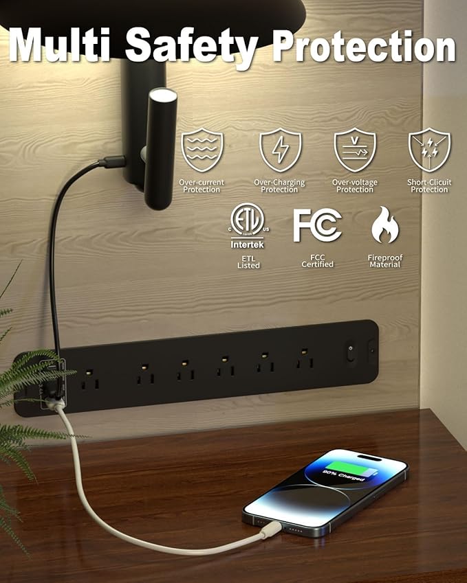 Recessed Power Strip, Flush Mount Power Strip with USB Ports, PD 20W USB C Fast Charging, 6 FT Extension Cord Surge Protector with1800J, Furniture Hidden Outlet for Side Table, End Table