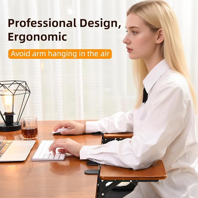 Ergonomic Desk Extender Tray, 8.2"x7.6" Table Mount Arm Wrist Rest Shelf, 90° Foldable Elbow Support, Sturdy Mouse Arm Support,Clamp on Computer Arm Rest for Desk, Office & Home Use,Wood