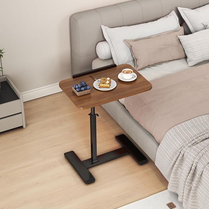 Adjustable Height C Shaped Side Table,360°Swivel Overbed Table,Top Tilting Laptop Stand Table with Hidden Wheels,Mobile Couch End Tables that Slide under,Rolling TV Coffee Table for Sofa/Bed(walnut)