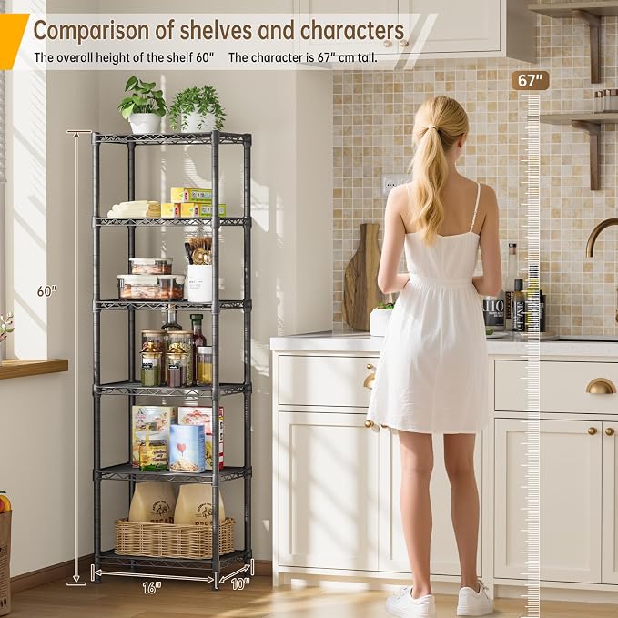 Golpart 6 Tier Shelf Adjustable Storage Mesh Gaps Metal Utility Shelves Wire Shelving Unit Organizer Rack for Home Kitchen Office Bathroom Pantry Room10 D x 16" W x 60" H Black