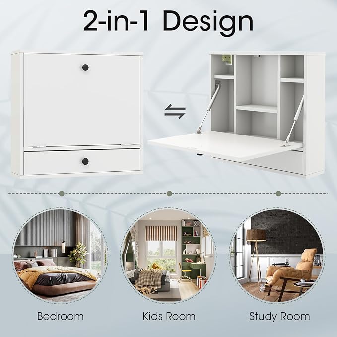 Tangkula Folding Wall Table - Floating Desk with Storage Drawer & Shelves (White)