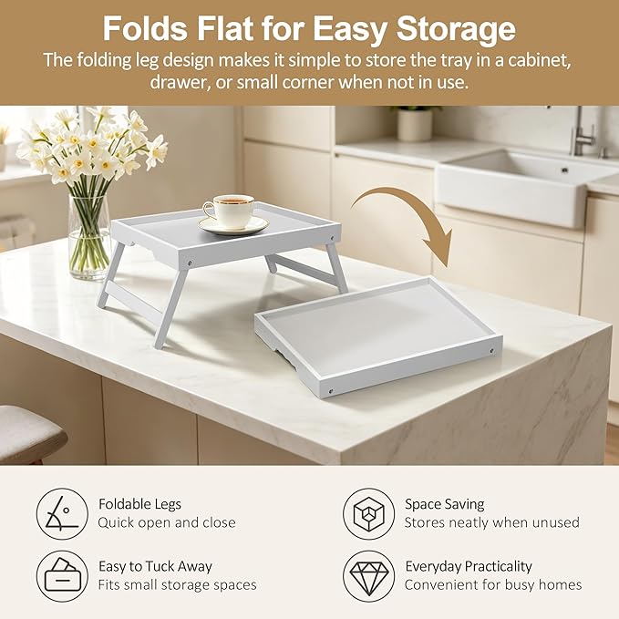 Breakfast Tray with Folding Legs Set of 2, Bamboo Bed Tray Table 15.7" Foldable TV Dinner Tray with Ergonomic Wave Handles for Bed Couch Sofa, Breakfast, Snacks, Coffee, White