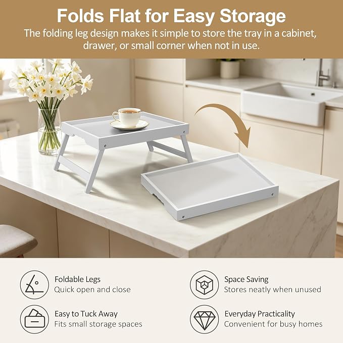 Large Breakfast Tray with Folding Legs Set of 2, 16.9" x 12.2" Bamboo Bed Tray Table with Ergonomic Wave Handles, Foldable TV Dinner Tray for Bed Couch Sofa, Breakfast, Laptop, Coffee,White