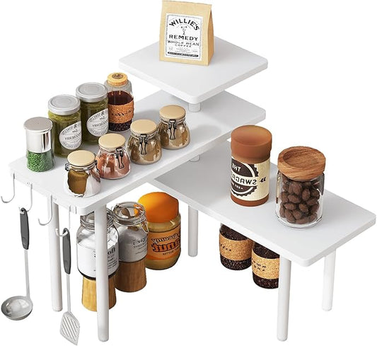 IBUYKE Countertop Organizer,3-Tier Spice Racks,Kitchen Counter Corner Shelf,4 Side Hooks,Adjustable Countertop Shelf for Kitchen, Bathroom, Coffee Bar, Cabinet, Desk,White,TLJ023W