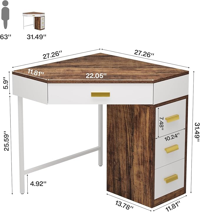 Tribesigns Corner Desk with 4-Drawer Storage,Triangle Computer Desk,Vanity Station,Study Nook for Small Space,Home Office,Bedroom,Living Room (White&Brown)