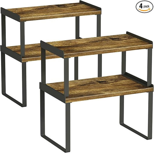 Goozii Kitchen Cabinet Shelf Set of 4, Cupboard Shelves for Plates Dishes Cups Mugs Spices, Pantry Cupboard Cabinet Organizers and Storage Shelves Rack Insert for Countertop (Brown)