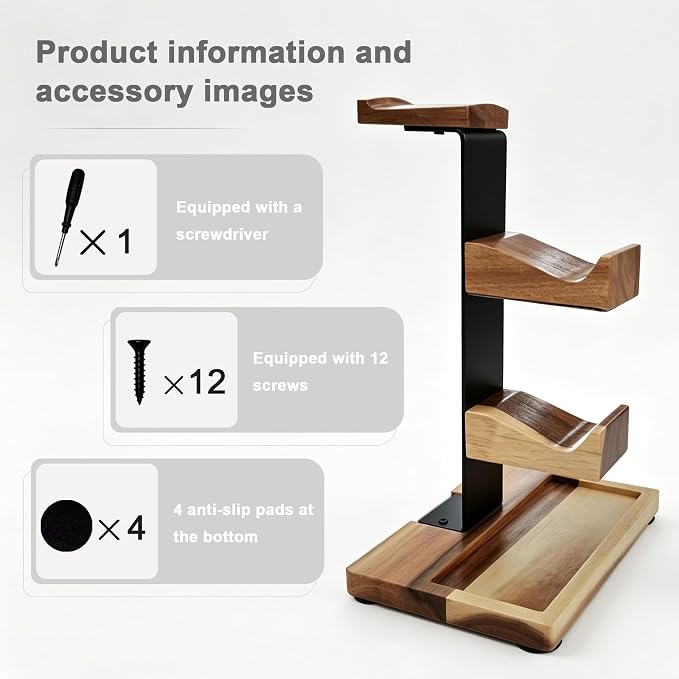 Acacia Wood Gaming Headset Stand & Dual Controller Holder, Solid Wood Desk Organizer Compatible with PS5, Xbox, Switch, Over-Ear Headphones, Gamer Gift for Men