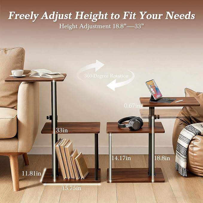 Faesun Swivel Side Table for Couch Arm, Adjustable C End Table for Recliner or Bed, Tv Trays with Storage Shelf for Small Spaces Small Nightstand Table for Living Room, Bedroom，2pc
