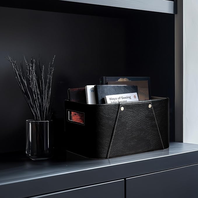 La Jolie Maison Storage Baskets for Organizing, 2 Pack, Luxury Vegan Leather Storage Cube Boxes for Closet Shelf Cabinet Bookcase, Carbon Black