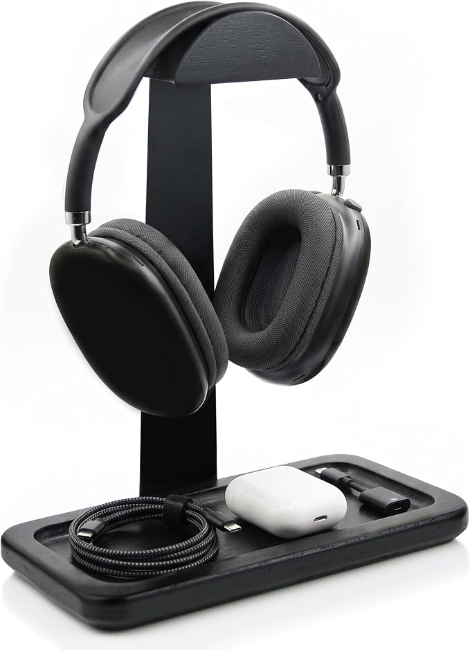 Gift for Men Headphone Stand with Storage Base, Stylish Headset Holder Gamer Gifts for Gaming & Desk to Keep Accessories Organized, Unique Gifts for Teenage Boy Brother on Birthday (Black Wood)