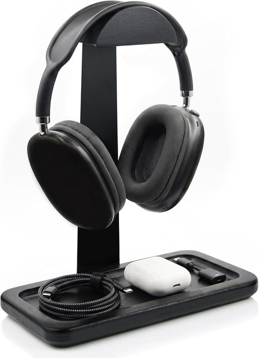 Gift for Men Headphone Stand with Storage Base, Stylish Headset Holder Gamer Gifts for Gaming & Desk to Keep Accessories Organized, Unique Gifts for Teenage Boy Brother on Birthday (Black Wood)
