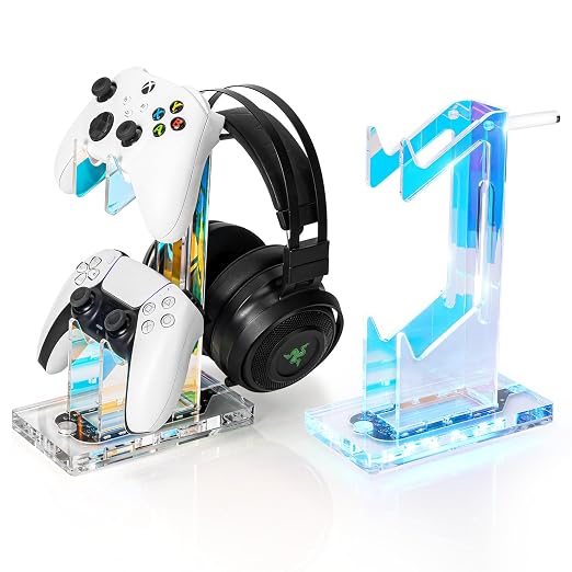OAPRIRE Headset and Controller Stand with Lights, 2 Tier Acrylic Game Controller Holder, Controller and Headset Stand for Desktop,Universal Design Compatible with PS5/PS4/XBOX/SWITCH (Clear)