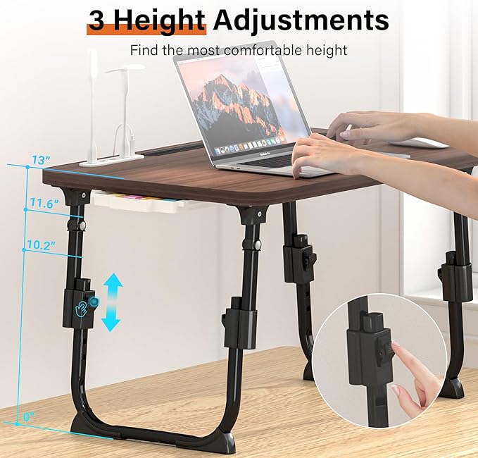 Lap Desk for Bed, Adjustable Laptop Desk with USB Charging Port, Storage Drawer & Bookshelf — Foldable Bed Desk for WFH & Students, 23.6" Desktop Fits 21" Laptop, Non-Slip, Walnut