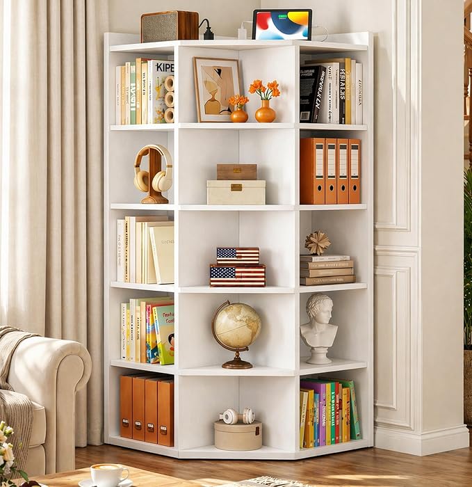 Aheaplus 6-Tier Corner Cube Bookshelf with Power Outlets, Wooden Corner Storage Cabinet with 15 Cubes, Corner Cube Organizer Shelf with Top Table, L Shaped Cubby Bookcase for Home Office, White