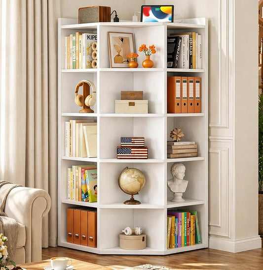Aheaplus 6-Tier Corner Cube Bookshelf with Power Outlets, Wooden Corner Storage Cabinet with 15 Cubes, Corner Cube Organizer Shelf with Top Table, L Shaped Cubby Bookcase for Home Office, White